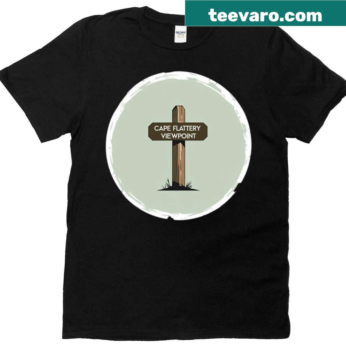 Minimalist silhouette of Cape Flattery viewpoint sign on a t-shirt — on a men's t-shirt