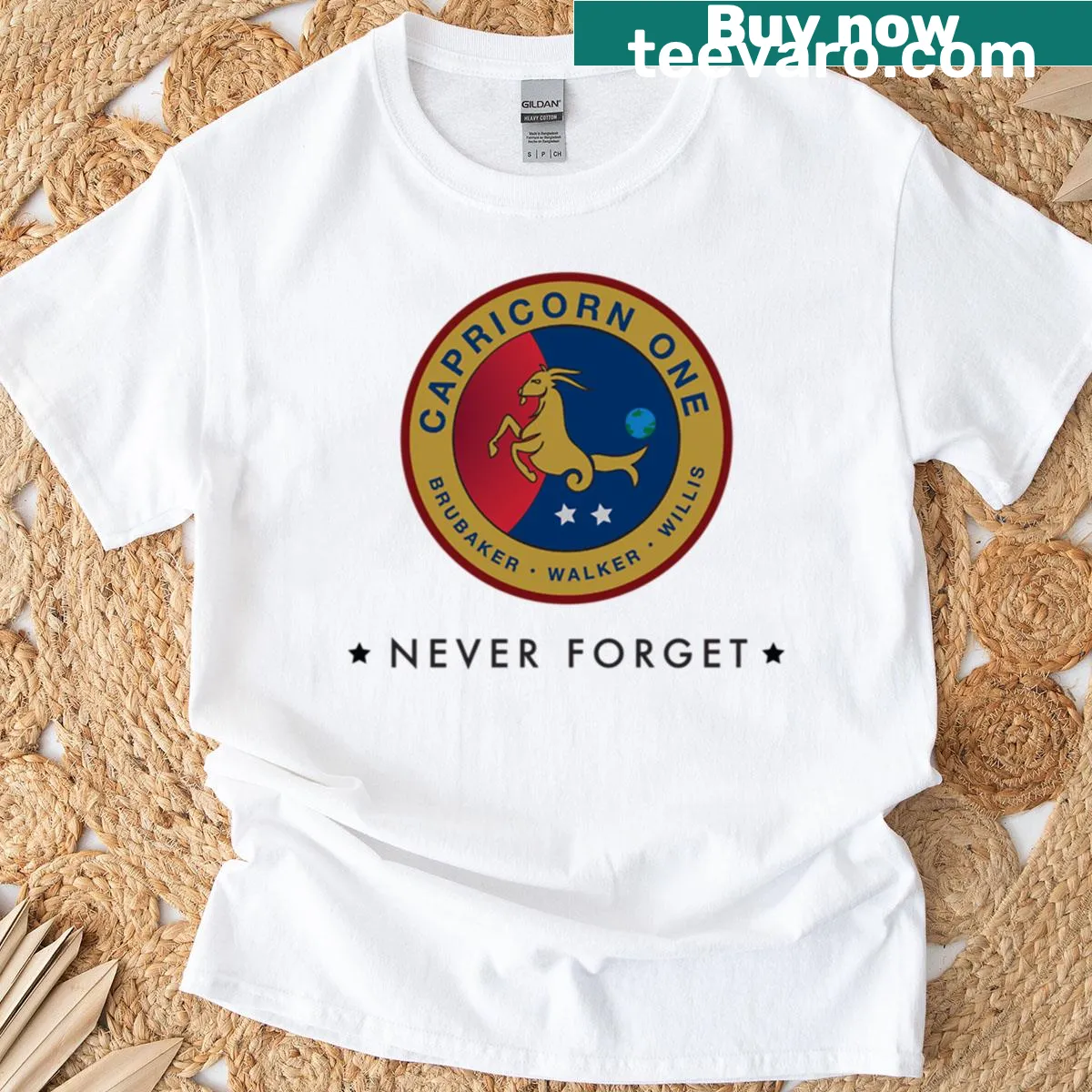 T-shirt featuring a bold Capricorn One logo design — on a men's t-shirt