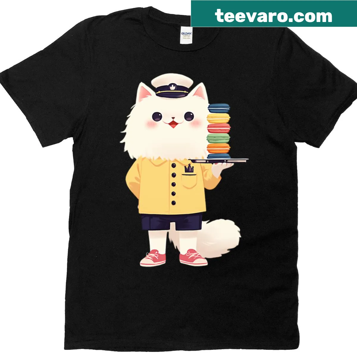 Cute t-shirt featuring a cat captain serving macarons — on a men's t-shirt