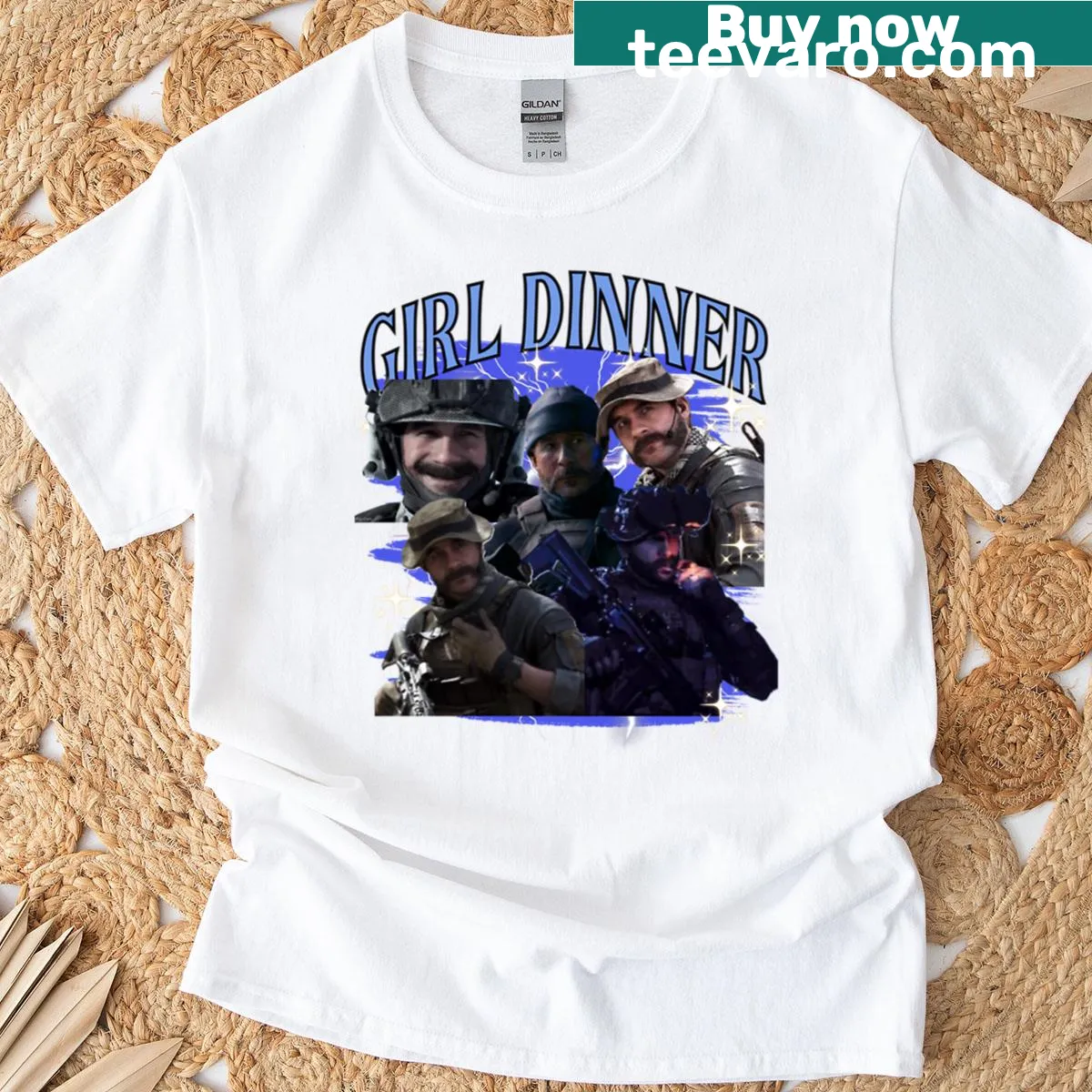 Playful graphic depicting a gaming character at dinner — on a men's t-shirt