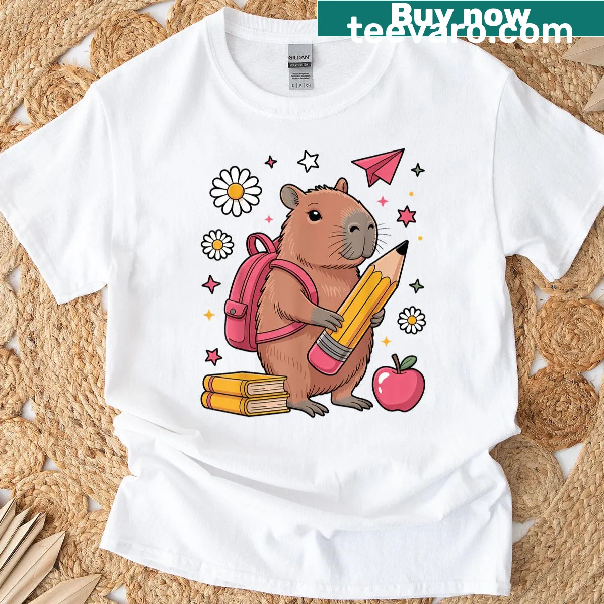 Toddler T-shirt with a capybara and school supplies illustration — on a men's t-shirt
