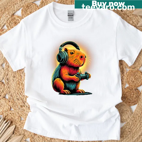 Illustration of a capybara in gaming gear with playful text