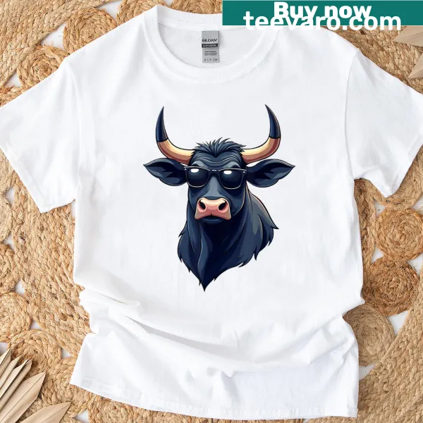 Cartoon bull head wearing sunglasses on a white background