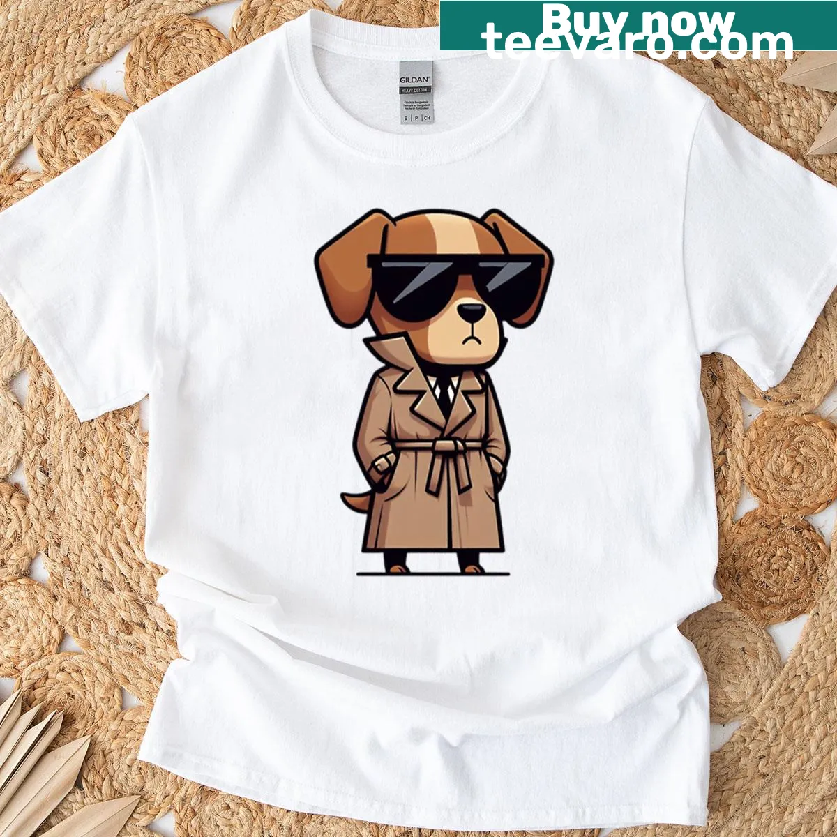 Cartoon dog in a trench coat and sunglasses graphic T-shirt — on a men's t-shirt