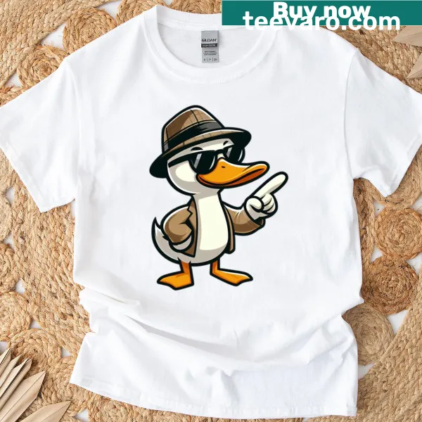 Cartoon detective duck wearing a hat and sunglasses in a funny design