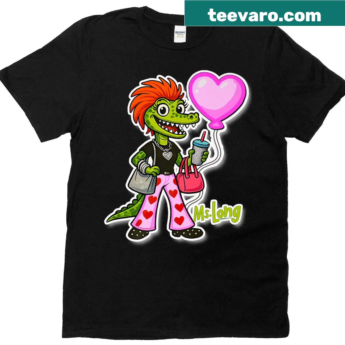 Cartoon alligator with heart balloon on a teacher T-shirt — on a men's t-shirt