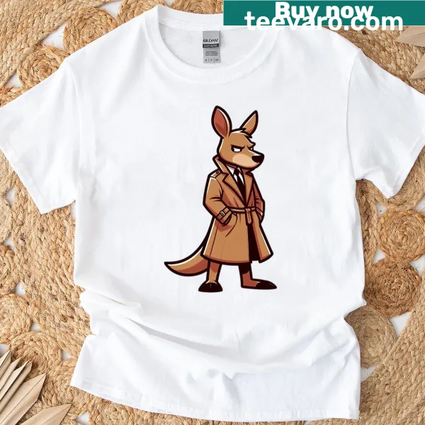 Illustrated cartoon kangaroo in a trench coat on a t-shirt