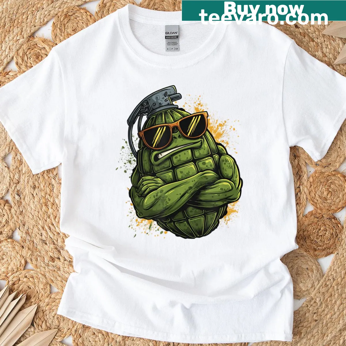 Cartoon grenade graphic on T-shirt for bomb lovers — on a men's t-shirt
