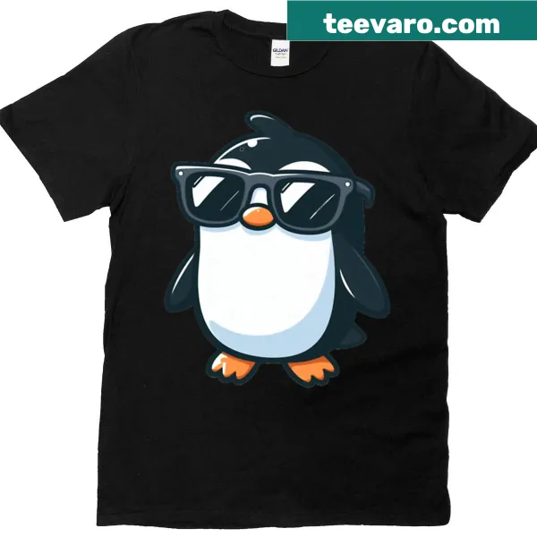 Cartoon T-shirt of a penguin wearing giant sunglasses