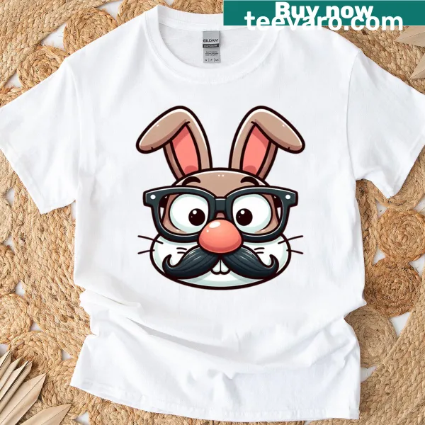 Whimsical t-shirt featuring a cartoon rabbit in fake nose glasses