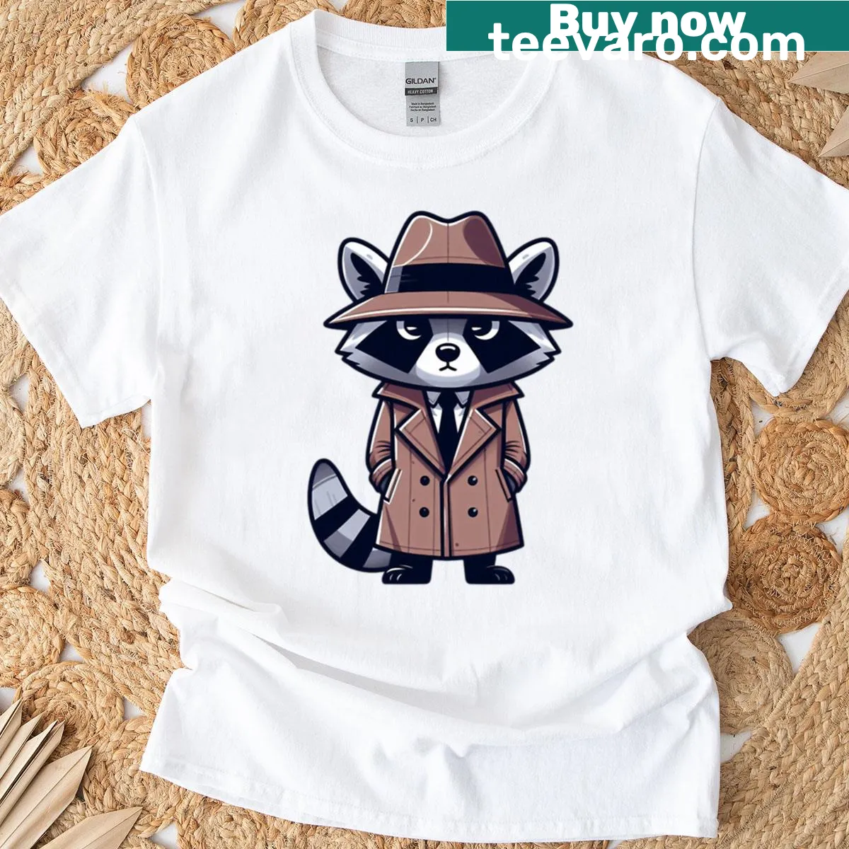 Cartoon raccoon in trench coat and fedora graphic — on a men's t-shirt