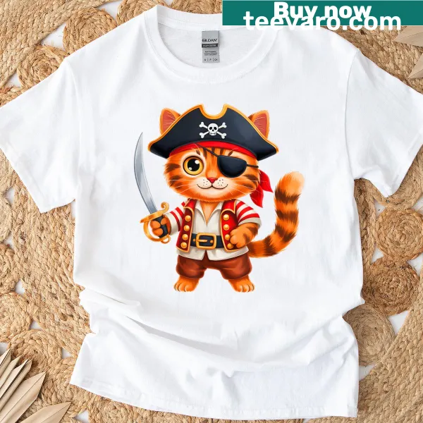 Cartoon cat pirate T-shirt with skull design for kids