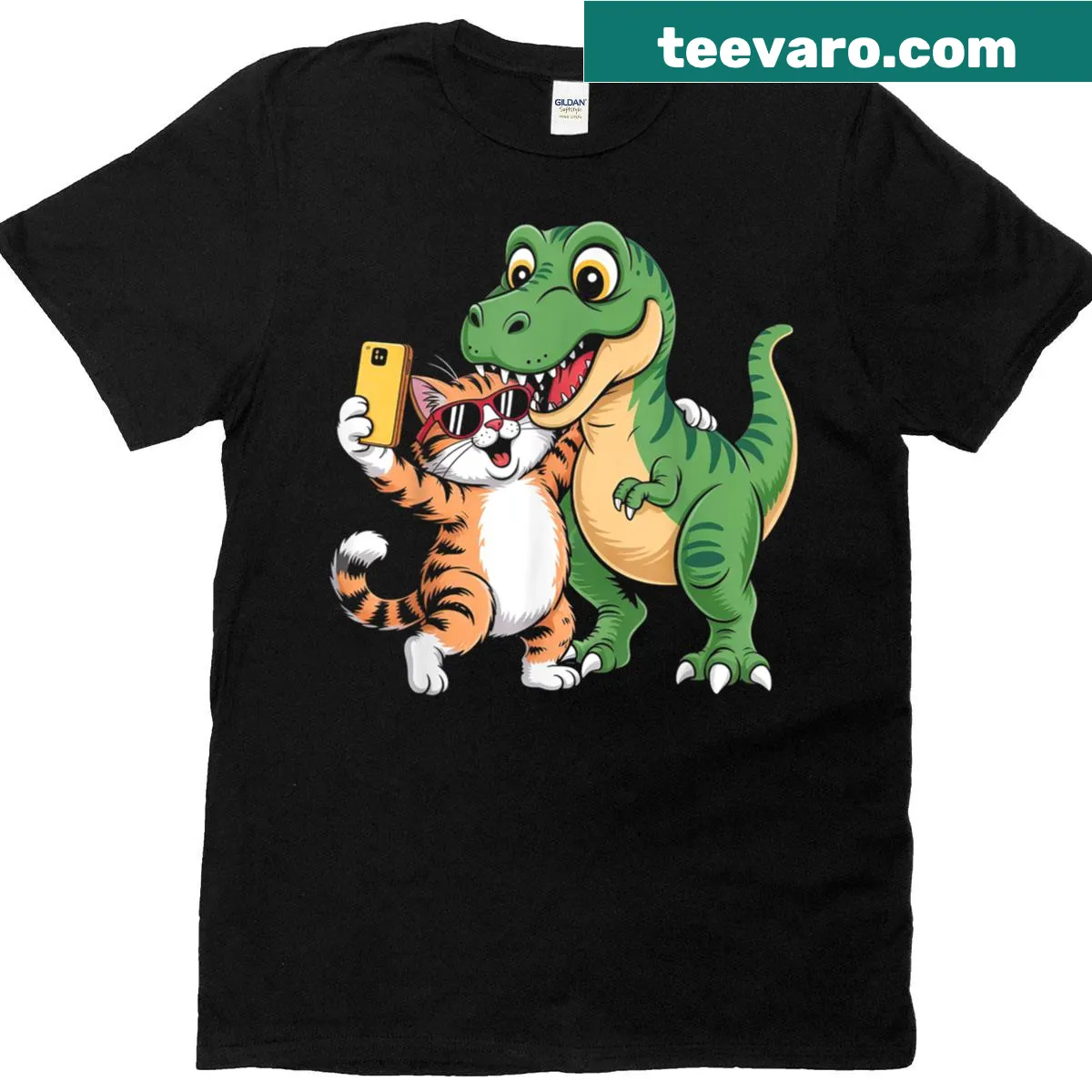 Cartoon T-shirt featuring a cat selfie with a T-rex dinosaur — on a men's t-shirt