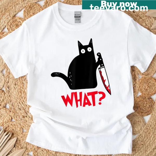 Graphic of a cartoon black cat holding a knife in a humorous design