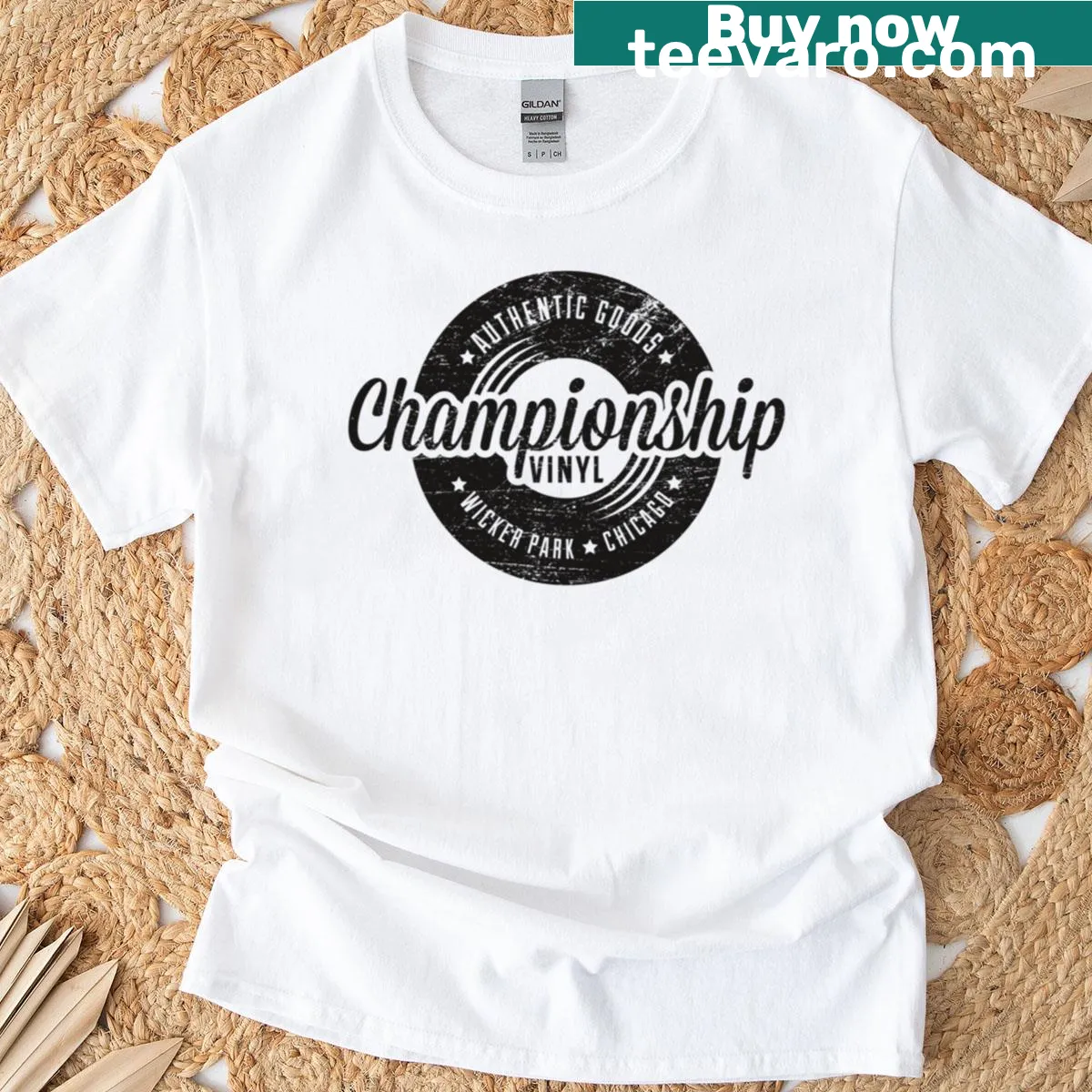 Vintage look t-shirt with a worn vinyl record design — on a men's t-shirt