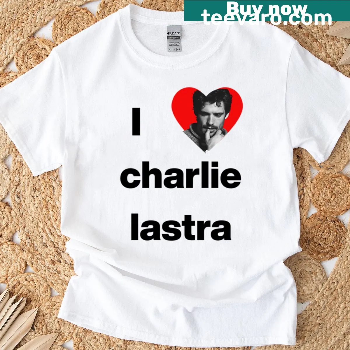 Graphic T-shirt with Charlie Lastra David design — on a men's t-shirt