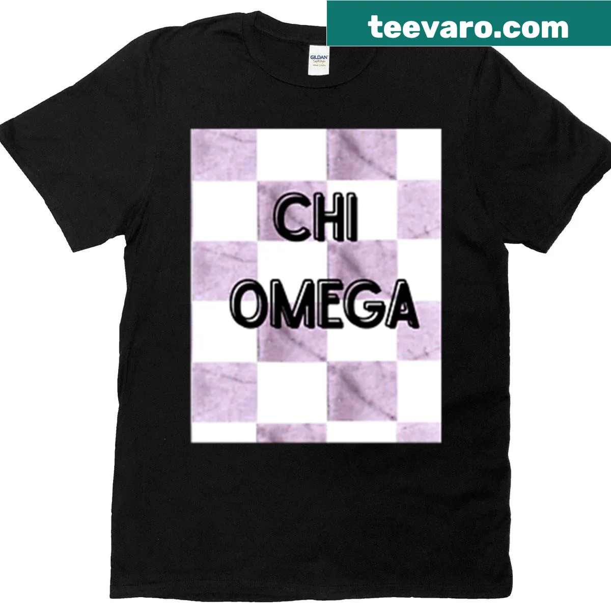 Checkered design Chi Omega T-shirt showcasing Greek letters — on a men's t-shirt