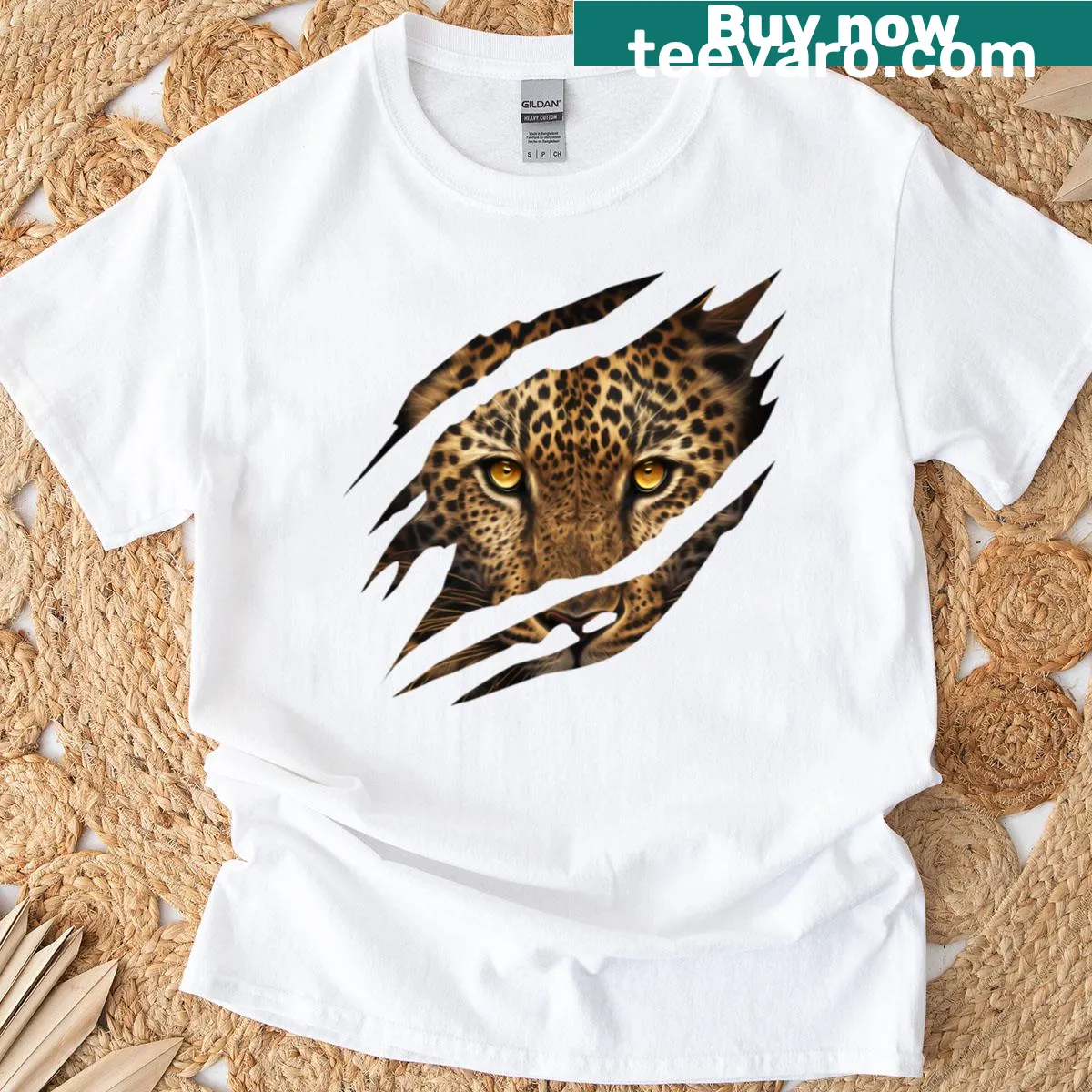 Illustration of a cheetah, tiger, leopard, and lion face — on a men's t-shirt