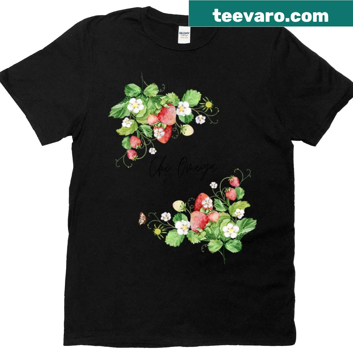 Chi Omega t-shirt with humorous strawberry graphic — on a men's t-shirt