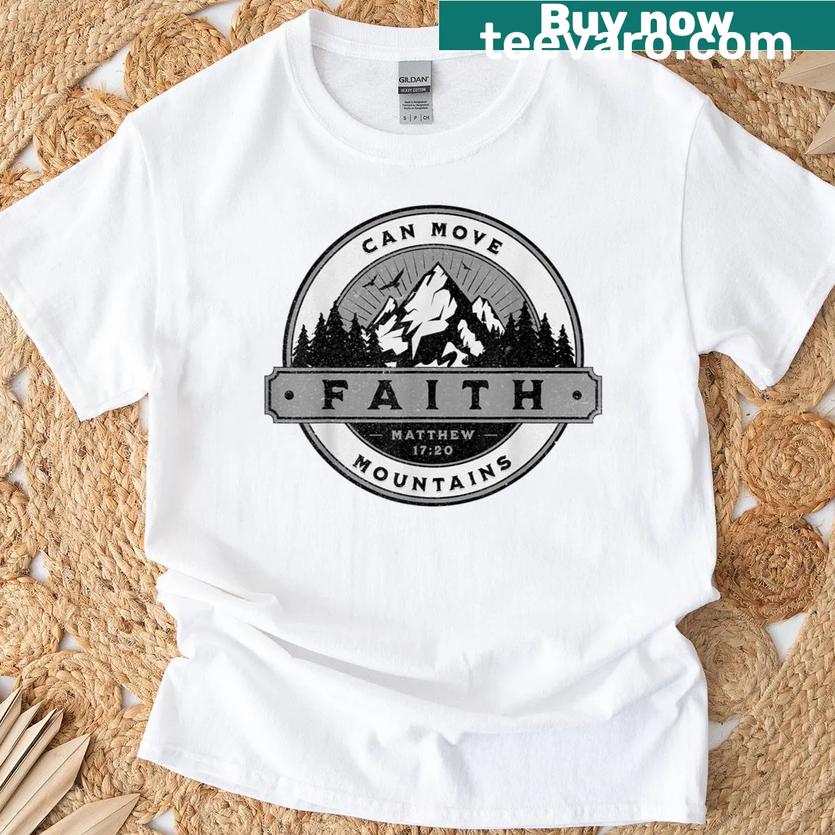 Inspirational typography T-shirt with 'Faith Can Move Mountains' — on a men's t-shirt
