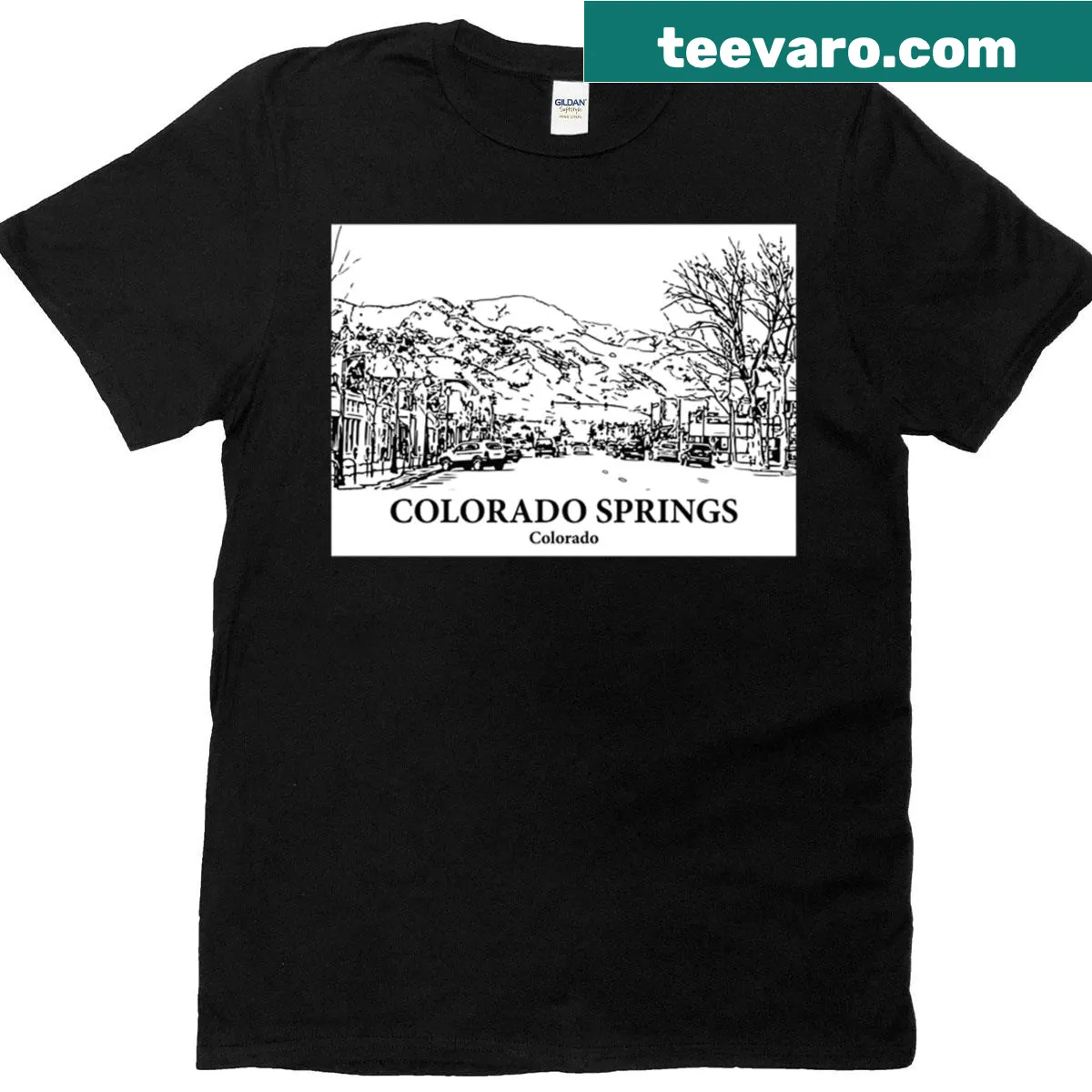 Colorado Springs t-shirt with scenic illustration — on a men's t-shirt