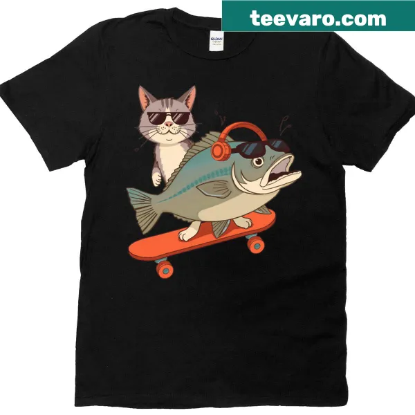 Whimsical skateboarding cat and carp duo graphic T-shirt