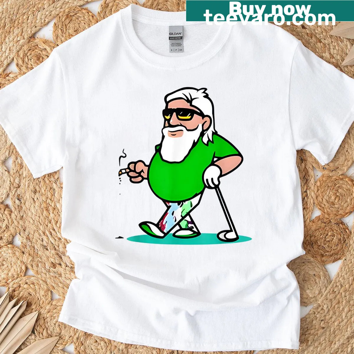 Cartoon-style grandpa golfing design on a t-shirt — on a men's t-shirt