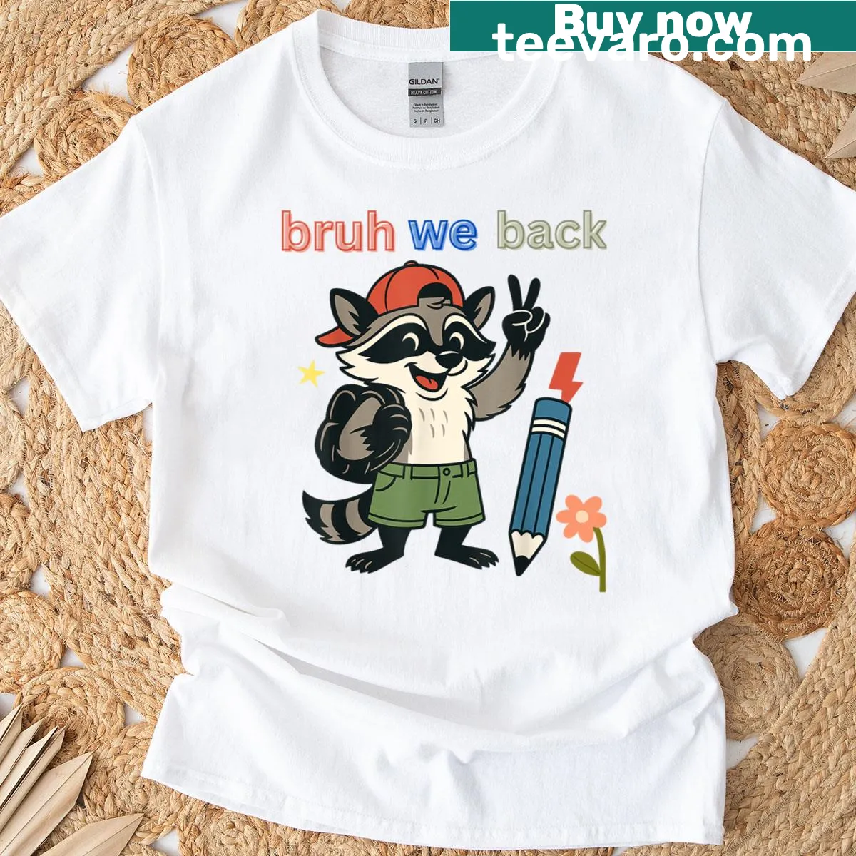 Cartoon raccoon holding a pencil on a fun graphic t-shirt — on a men's t-shirt