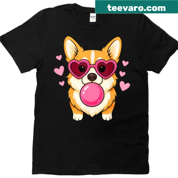 Cartoon corgi blowing bubble gum surrounded by hearts on a t-shirt