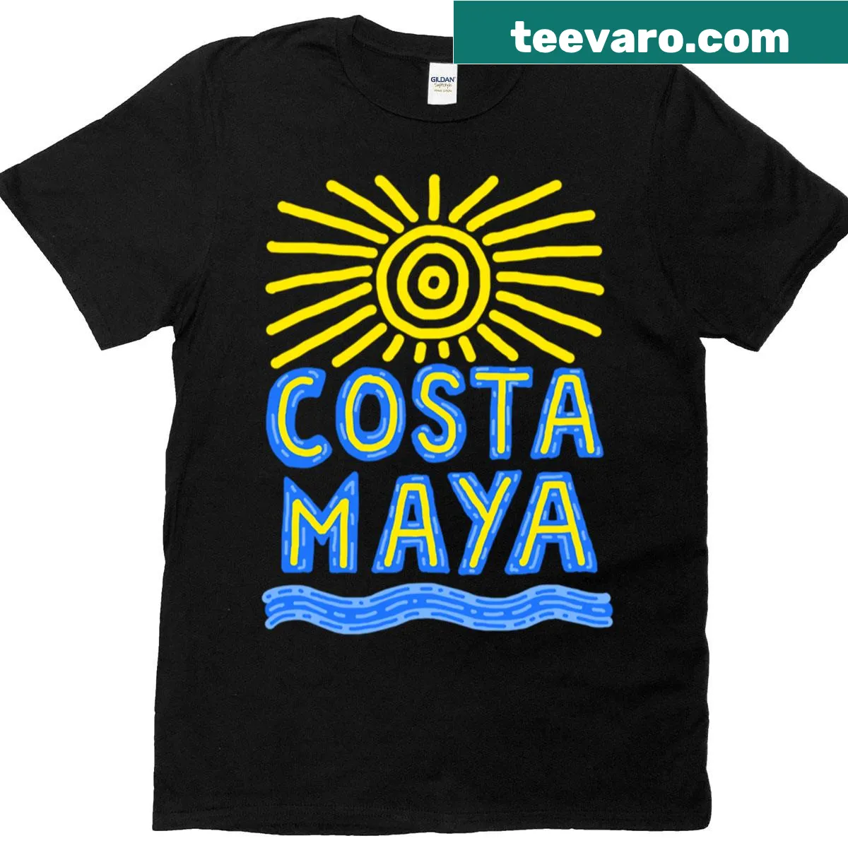 T-shirt featuring an illustration of Costa Maya Beach, Mexico. — on a men's t-shirt