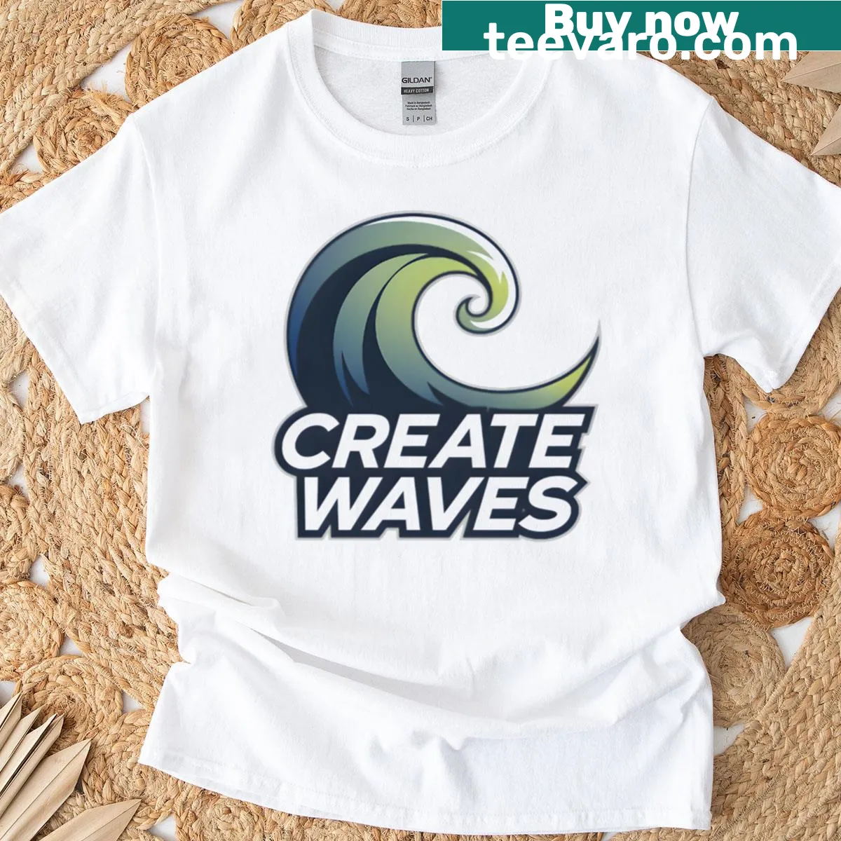 Inspirational typography T-shirt with the text 'Create Waves' — on a men's t-shirt