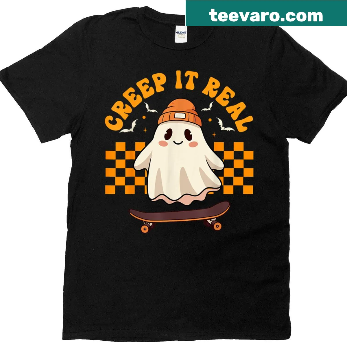 Cartoon ghost skateboarder design for Halloween — on a men's t-shirt