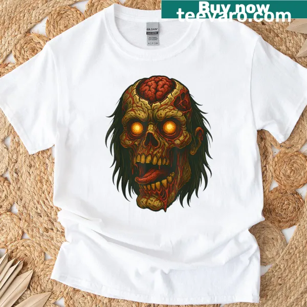 Cartoon zombie head design for Halloween-themed T-shirt