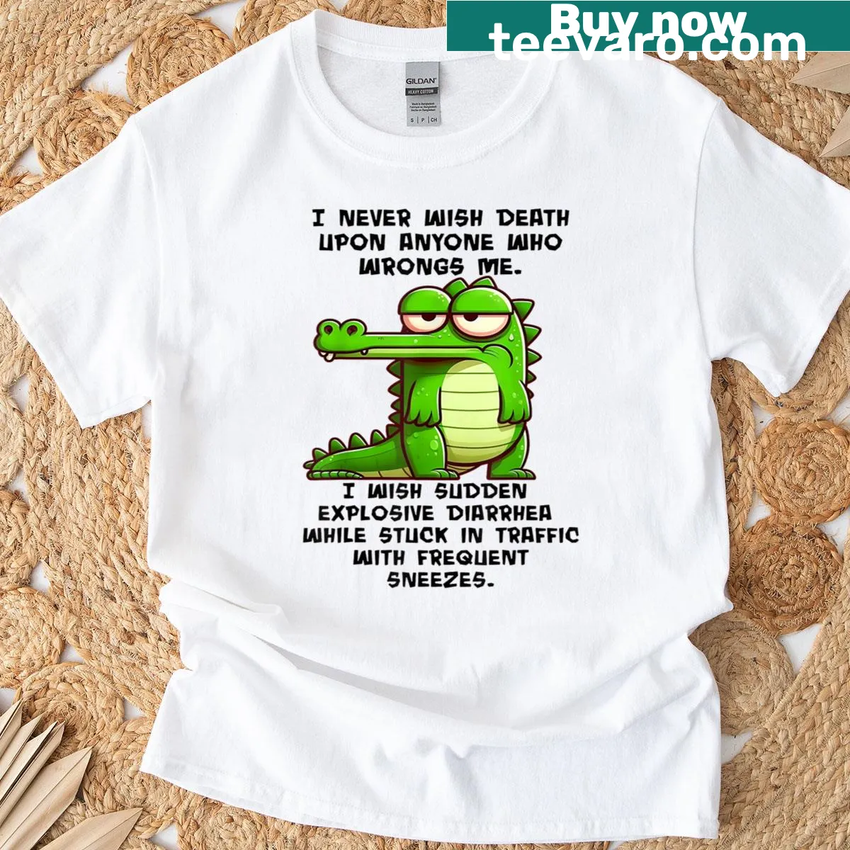 Crocodile design with funny text about not wishing death on others — on a men's t-shirt