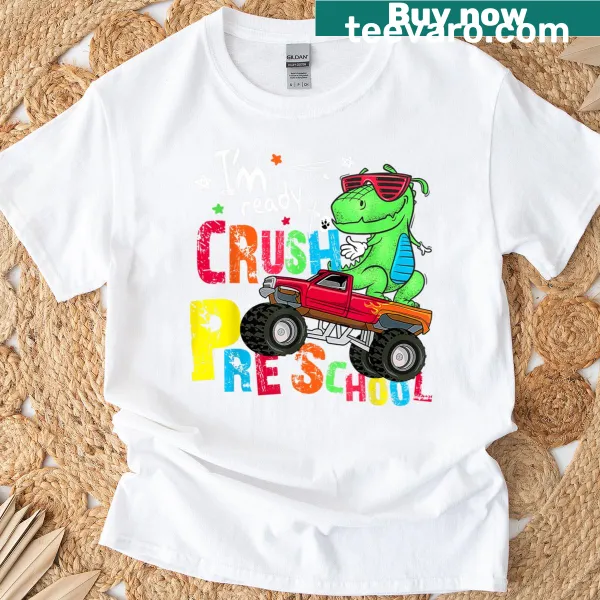 Cartoon dinosaur graphic on a boys' T-shirt for preschool