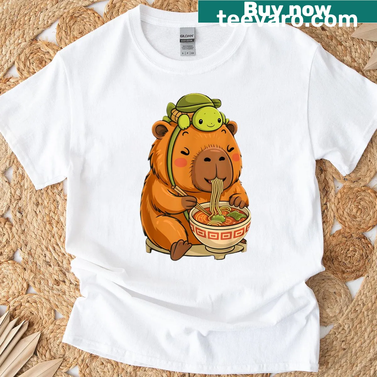 Kawaii T-shirt with capybara and turtle sharing ramen — on a men's t-shirt