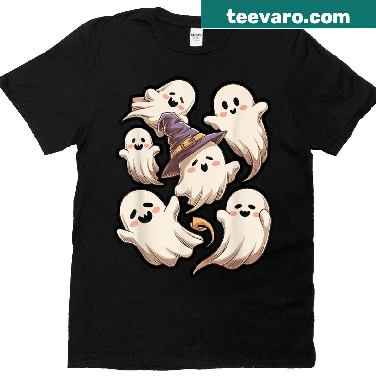 Cartoon ghosts in a row with cheerful expressions on a t-shirt — on a men's t-shirt