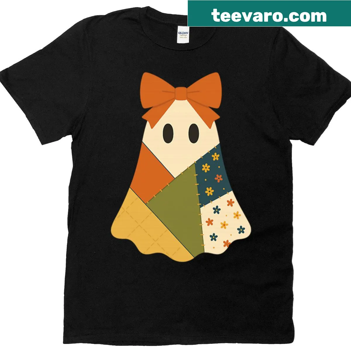 Cute patchwork ghost with bow Halloween t-shirt — on a men's t-shirt