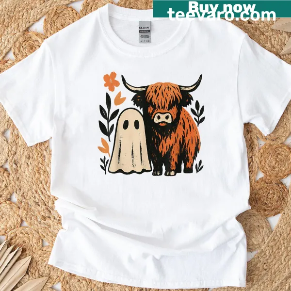 Cartoon Highland cow with ghost and pumpkin graphic