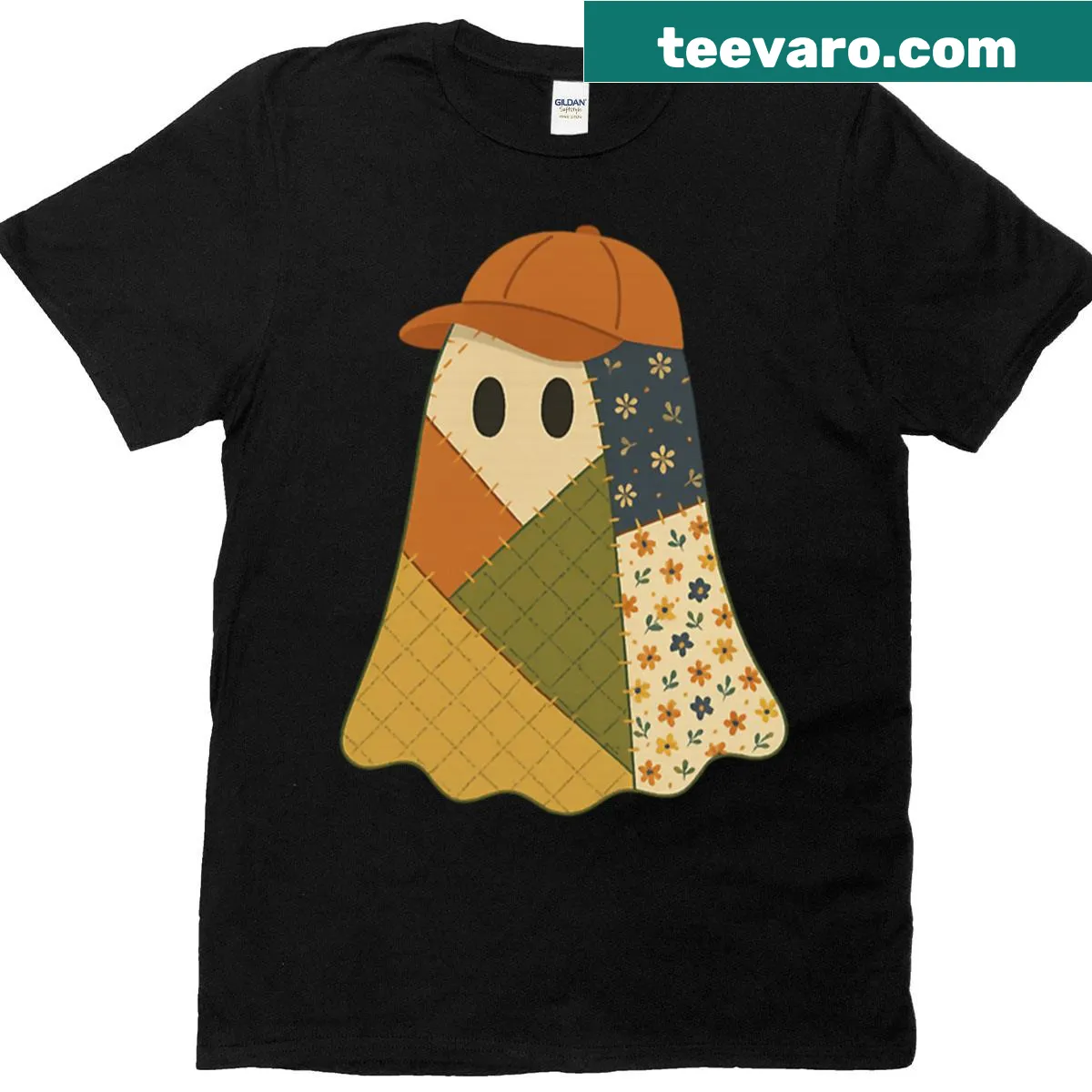 Patchwork ghost design on a Halloween T-shirt — on a men's t-shirt