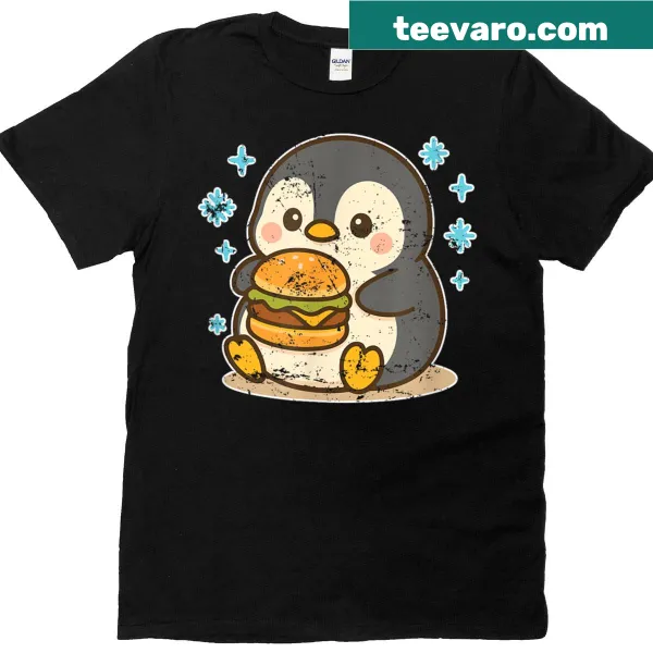 Cartoon penguin with a burger design on a T-shirt