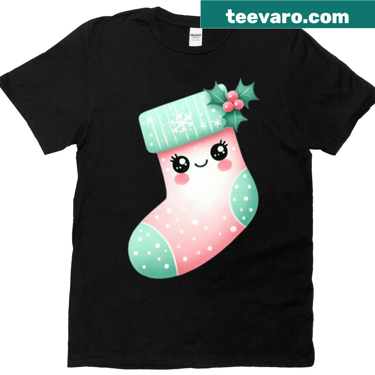 Kawaii Christmas stocking design in pink and mint on a t-shirt — on a men's t-shirt