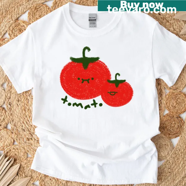Kawaii minimalist T-shirt featuring two cute smiling tomatoes.