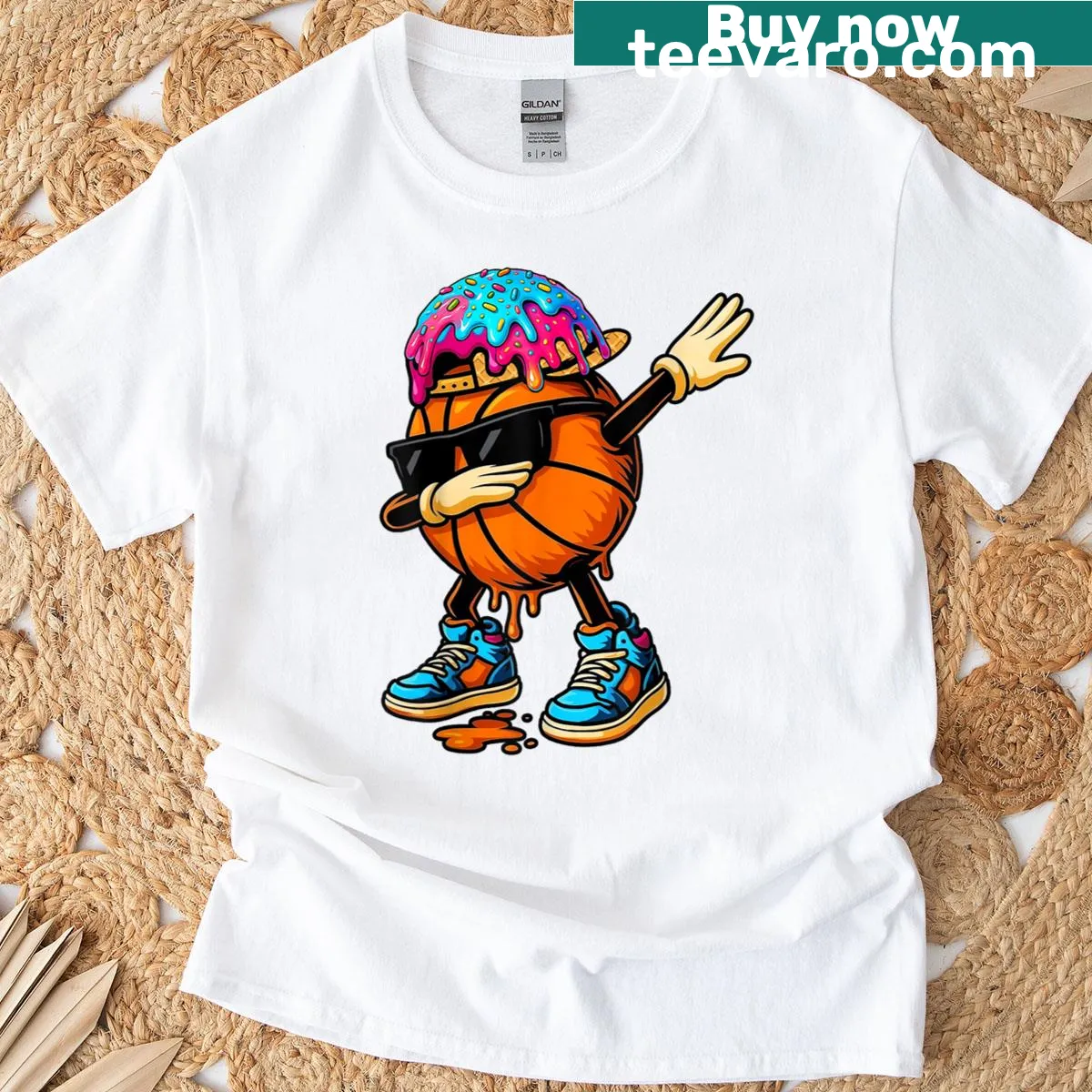 Cartoon basketball player dabbing with ice cream on a fun T-shirt — on a men's t-shirt