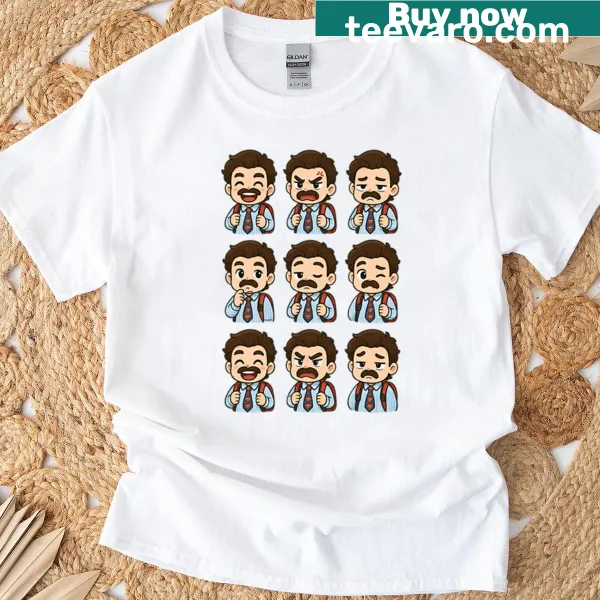 Chibi models of David Corenswet with various expressions on a T-shirt