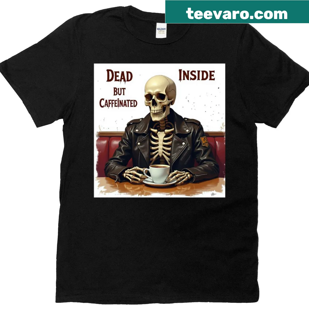 Funny skeleton drinking coffee graphic on a T-shirt — on a men's t-shirt
