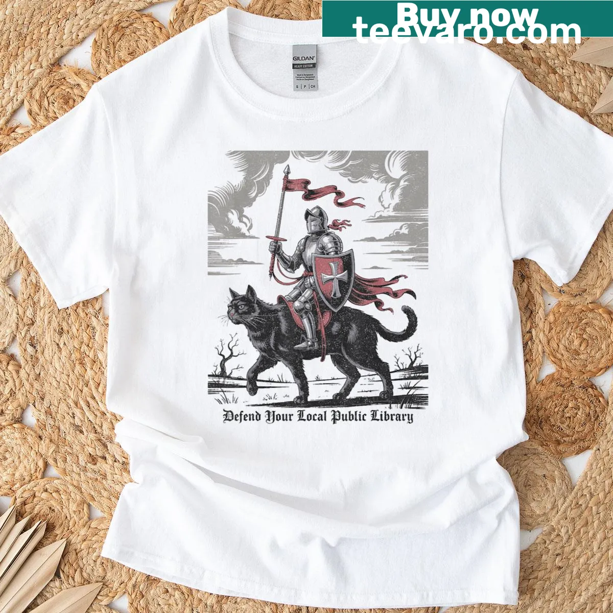 Funny T-shirt with a cat knight and library defense slogan — on a men's t-shirt