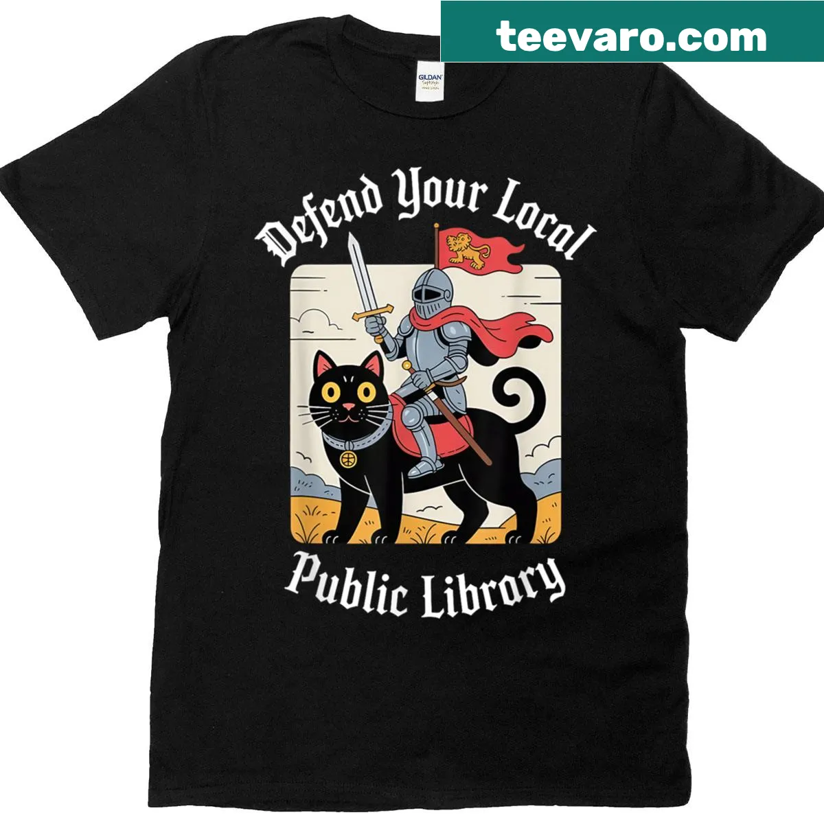 Funny T-shirt featuring a knight cat defending a library — on a men's t-shirt
