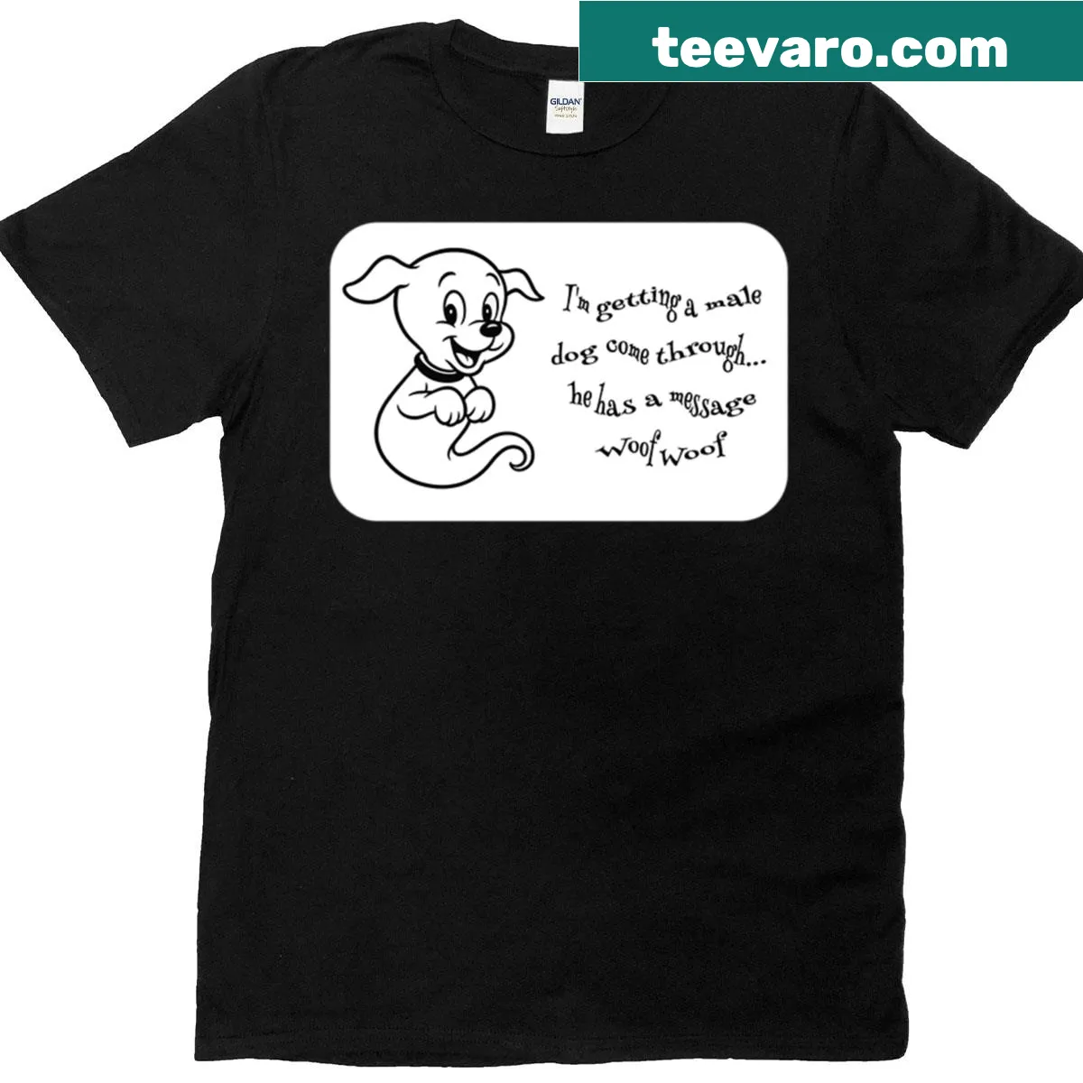 Whimsical T-shirt featuring a ghostly dog illustration — on a men's t-shirt