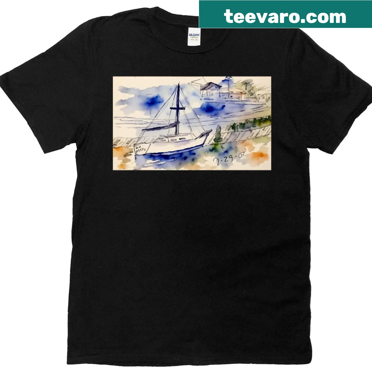 Illustrative t-shirt celebrating Los Alamitos Bay with dock imagery — on a men's t-shirt